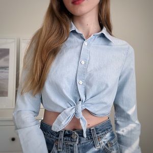 Zara Knotted Denim Shirt Light Blue XS
